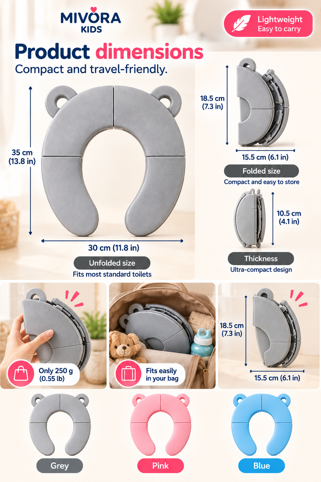 Mivora Fold&Go product dimensions and colors
